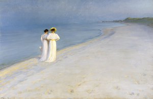 Summer evening on Skagens Beach. Anna Ancher and Marie Krøyer walking together.